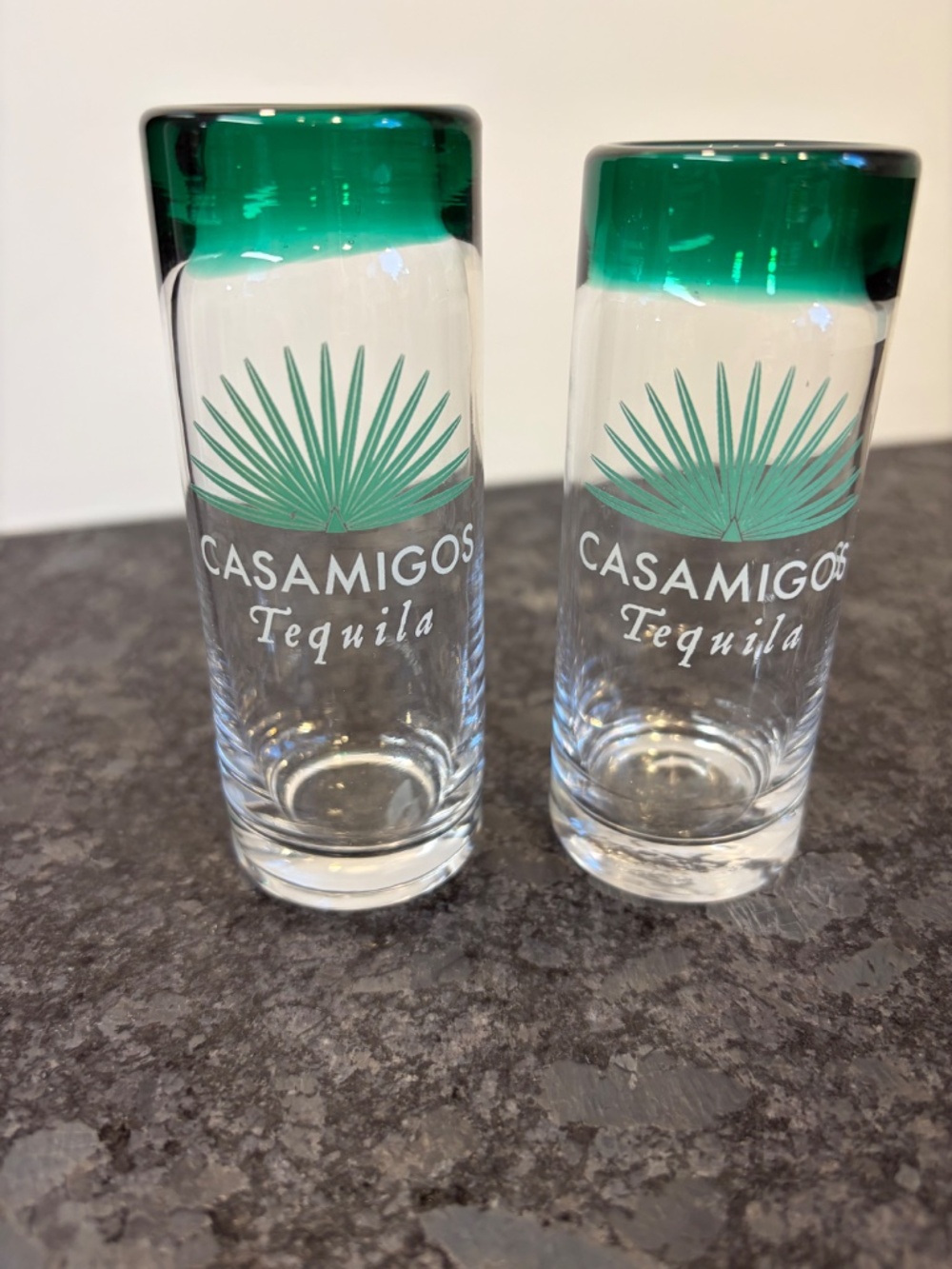 Casamigos Tequila Hand Blown Tall Shot Glasses Green Rim Shooter Glass Pair.